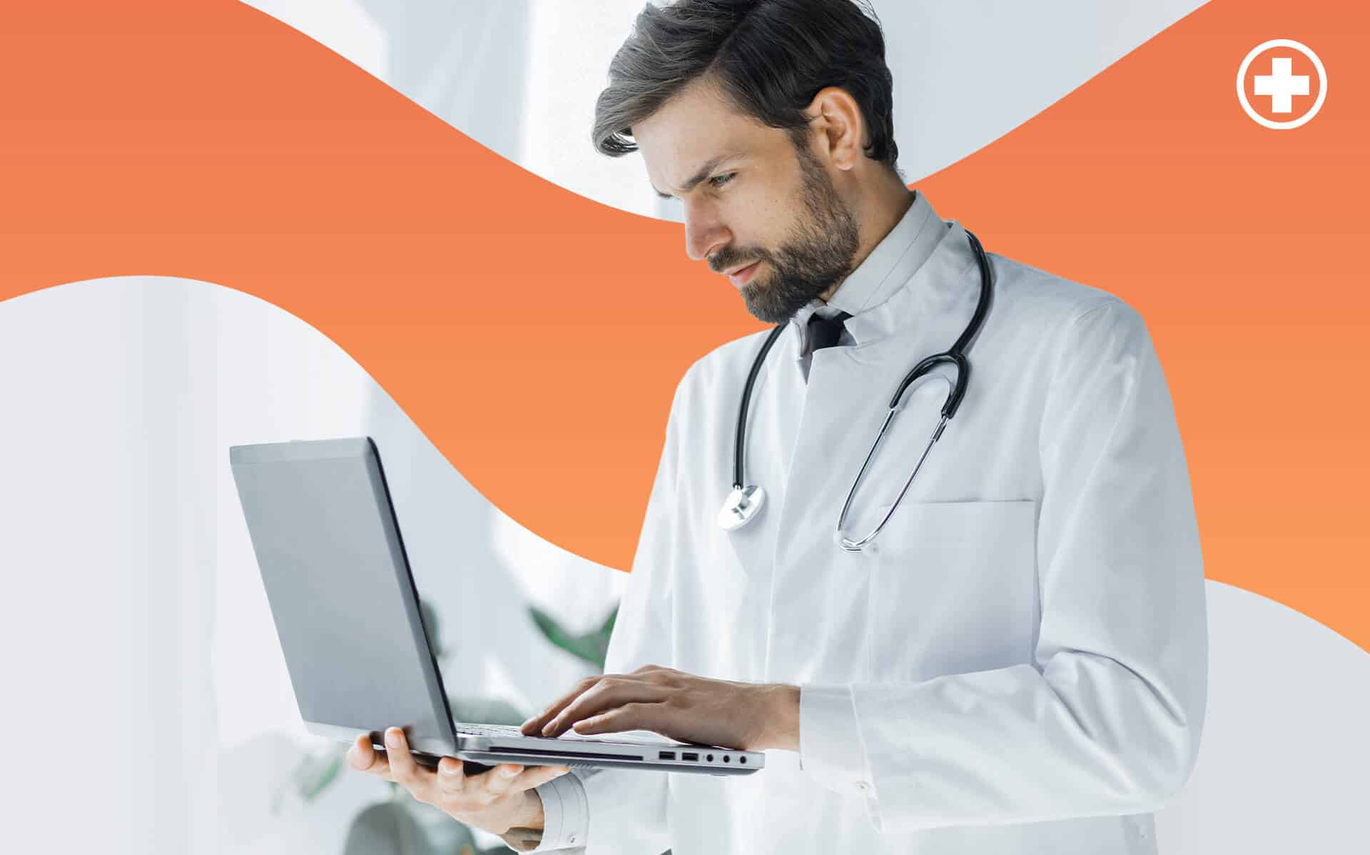 医生,手里拿着一台笔记本电脑有一个橙色的背景。
